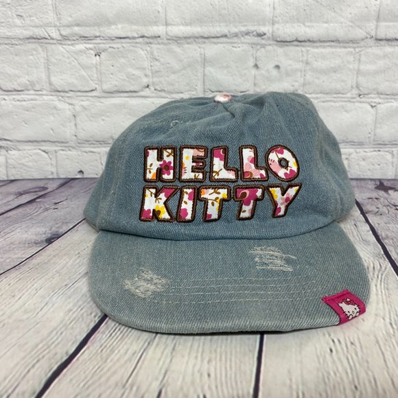 Hello Kitty Distressed Hat Cap Strap Back Blue Sanrio Embroidered Spell Out - Picture 5 of 14